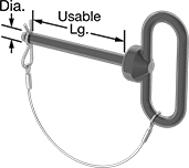 Image of Product. With Red Handle, Cotter Pin, and Lanyard. Front orientation. Contains Annotated. Clevis Pins. Tethered Loop-Grip Clevis Pins, Cotter Pin Included, , Black, Red Handle.