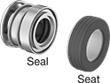 Image of Product. Seal with Retainer and Straight Spring. Front orientation. Exploded view. Contains Annotated. Shaft Seals. Mechanical Pump Shaft Seals with Extended Spring, Straight Spring, Spring Retainer.