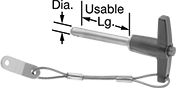 Image of Product. Front orientation. Contains Annotated. Quick-Release Pins. T-Handle Locking Quick-Release Pins, Plastic-Coated Stainless Steel Lanyard, Aluminum Handle.