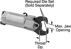 Image of Product. Front orientation. Contains Annotated. Rivet Tools. Air-Powered Squeeze Tools for Solid Rivets, Alligator Jaw—1 1/2" Throat Depth.