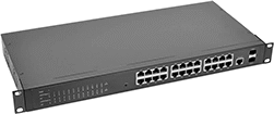 Image of Product. 24 Ethernet Sockets with 2 SFP Sockets. Front orientation. Ethernet Switches. Device-Prioritizing Rack-Mount Ethernet Switches, Ethernet Switches with Power over Ethernet (PoE) Type 2, 24 Sockets.