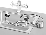 Image of ProductInUse. Front orientation. Contains Annotated. Eye Wash Stations. ANSI-Compliant Sink-Mount Eye Wash Stations with Pipe Connection, Swing-Left Activation.