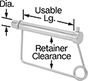 Image of Product. Front orientation. Contains Annotated. Clevis Pins. Clevis Pins with Wire Retainer, Square-Retainer with Hook Closure.