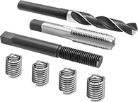 Image of Product. Drill Bit, Installation Tool and Through-Hole Tap. Front orientation. Threaded Inserts. Helical Threaded Inserts with Installation Tools, Pronged, Installation Tool, Through-Hole Tap, Drill Bit.