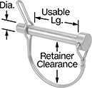 Image of Product. Front orientation. Contains Annotated. Clevis Pins. Clevis Pins with Wire Retainer, Round-Retainer with Loop Closure with Easy-Release Tab.