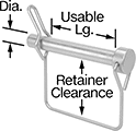 Image of Product. Front orientation. Contains Annotated. Clevis Pins. Clevis Pins with Wire Retainer, Square-Retainer with Loop Closure with Easy-Release Tab.