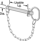 Image of Product. With Linch Pin and Chain. Front orientation. Contains Annotated. Clevis Pins. Tethered Loop-Grip Clevis Pins, , Linch Pin Included.