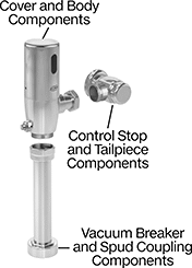 Image of System. Touch-Free ZTR Models. Front orientation. Exploded view. Contains Annotated. Flush Valve Replacement Parts. Zurn Flush Valve Replacement Parts.