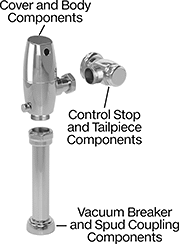 Image of System. Touch-Free Selectronic Models. Front orientation. Exploded view. Contains Annotated. Flush Valve Replacement Parts. American Standard Flush Valve Replacement Parts.