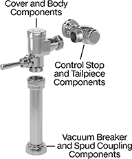Image of System. Manual Models. Front orientation. Exploded view. Contains Annotated. Flush Valve Replacement Parts. American Standard Flush Valve Replacement Parts.