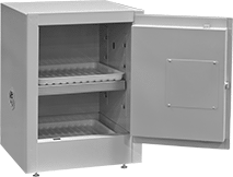 Image of Product. 1 Door. Front orientation. Cabinets. Tabletop Safety Cabinets for Flammable Acids and Corrosives, Painted Steel—Blue, With 1 Hinged Door—Assembled.